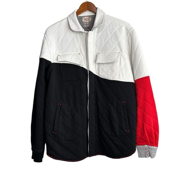 ONE432 Shacket Men's Large Shirt Jacket Red White Black Button Up Long Sleeve - Picture 1 of 7